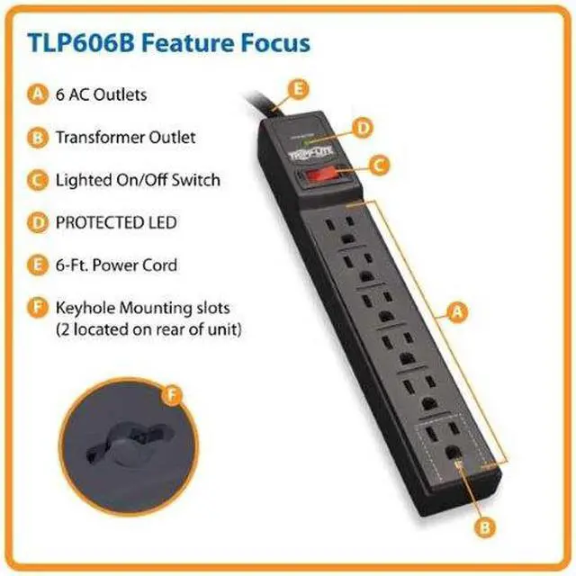 Alt view image 3 of 15 - Tripp Lite Tlp606B 6-Outlet Surge Protector/Suppressor ,6-Ft Cord, Black