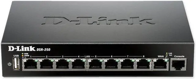 Main image of D-LINK SYSTEMS DSR-250 WIRED SSL VPN ROUTER, 8 GIGABIT PORTS,  1 WAN. LIMITED LIFETIME WARRANTY.