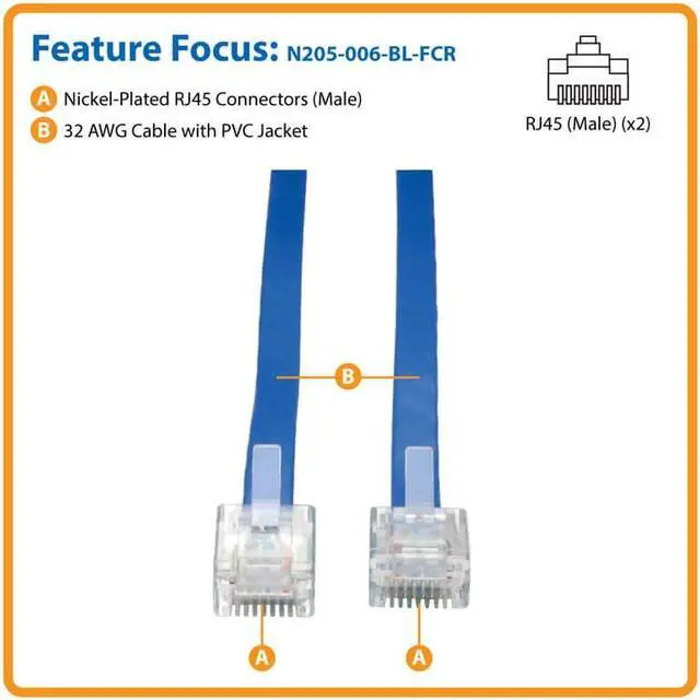 Alt view image 2 of 10 - Tripp Lite Cisco Console Replacement Rollover Cable (M/M ), RJ45, 32AWG,  6' (N205-006-BL-FCR)