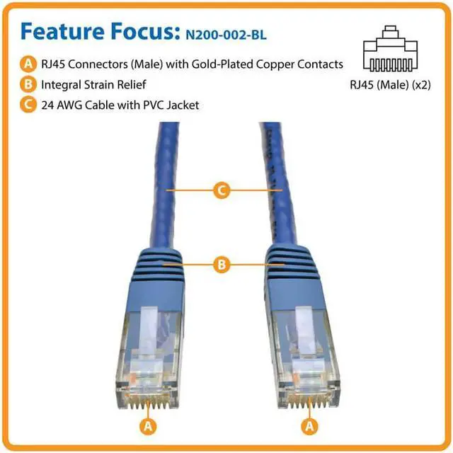 Alt view image 2 of 10 - Tripp Lite Cat6 Gigabit Molded Patch Cable, 2 ft. RJ45 (M/M), 550MHz 24 AWG Blue 2' (N200-002-BL)