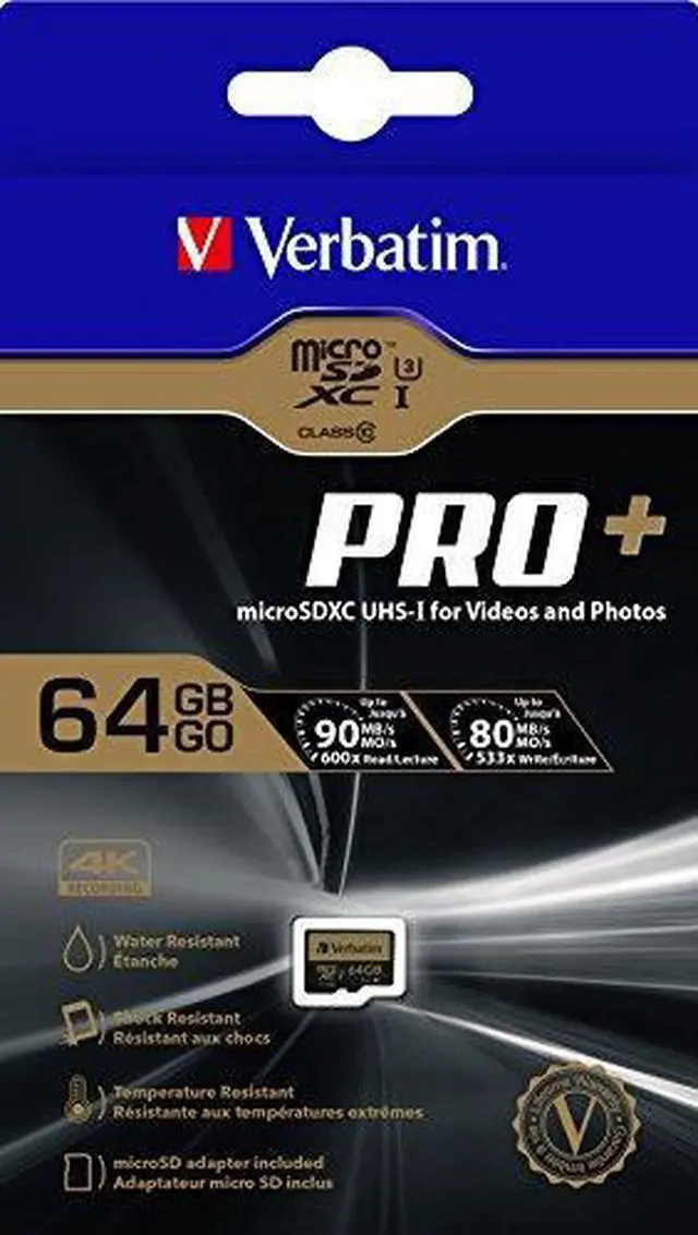 Alt view image 5 of 20 - Verbatim Memory Card microSDXC w/Adapter 64GB BK/GD 44034