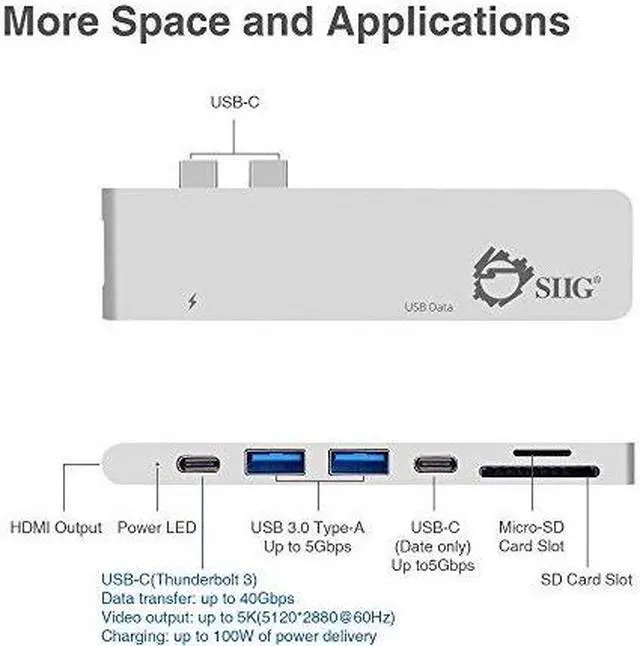 Alt view image 6 of 20 - SIIG Thunderbolt 3 USB-C Hub HDMI with Card Reader & PD Adapter - Silver