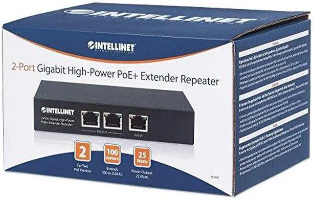 Alt view image 6 of 9 - Intellinet 2-Port Gigabit High-Power PoE+ Extender Repeater, IEEE 802.3at/af Compliant Range Extender, 100 m (328 ft.) Additional Range, 2 PSE Ports, Metal