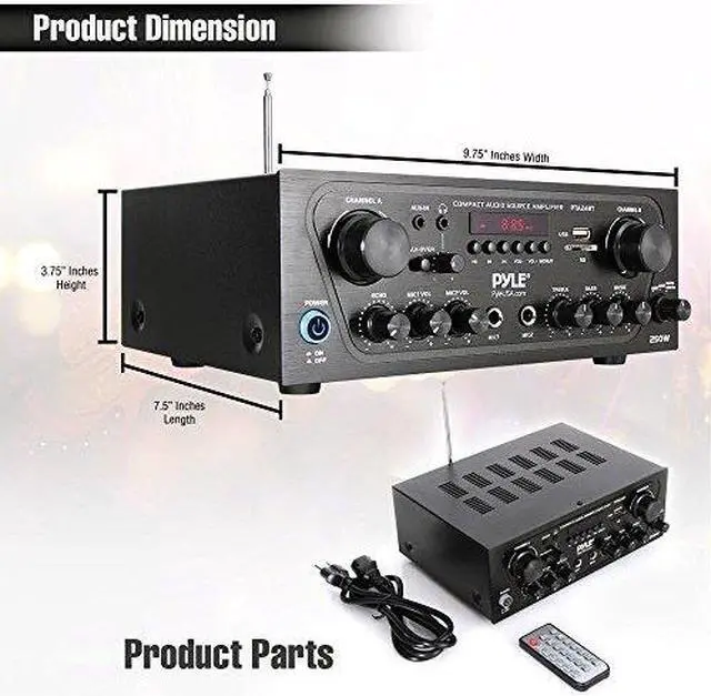 Alt view image 5 of 20 - Pyle PTA24BT 250W 2-Channel Compact Bluetooth Home Audio Amplifier with Stereo Receiver