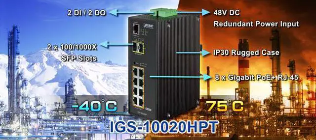 Alt view image 4 of 6 - Planet IGS-10020HPT L2+ Industrial 8-Port 10/100/1000T 802.3at PoE + 2-Port 100/1000X SFP Managed Switch with Wide Operating Temperature