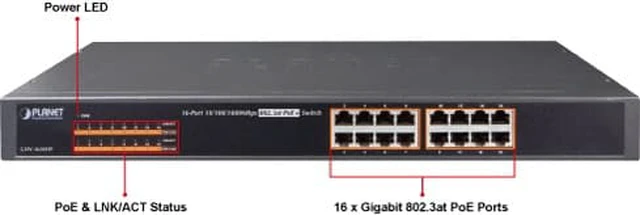 Alt view image 2 of 5 - Planet GSW-1600HP 16-Port 10/100/1000 Mbps 802.3at PoE+ Ethernet Switch