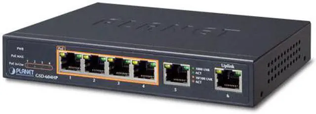Main image of PLANET Technology - GSD-604HP - 4-Port 10/100/1000T 802.3at POE + 2-Port 10/100/1000T Desktop Switch (55W POE Budget,
