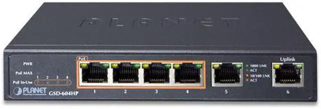 Alt view image 2 of 4 - PLANET Technology - GSD-604HP - 4-Port 10/100/1000T 802.3at POE + 2-Port 10/100/1000T Desktop Switch (55W POE Budget,