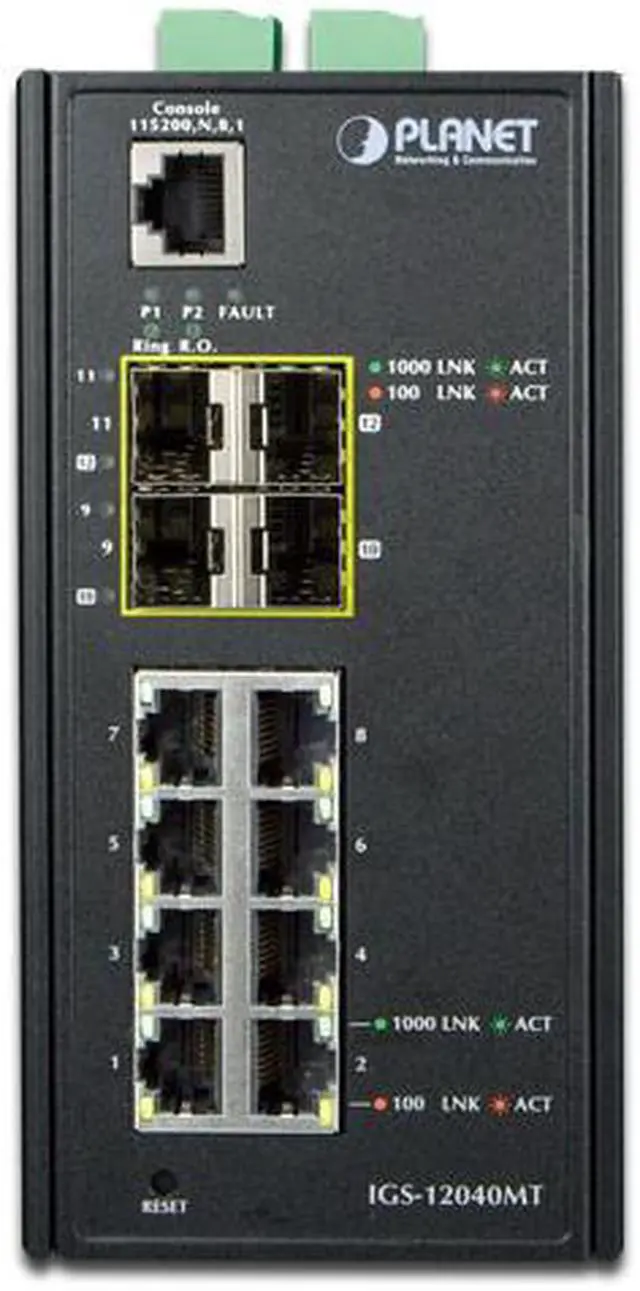 Alt view image 2 of 10 - Planet IGS-12040MT Industrial 8-Port 10/100/1000T + 4-Port 100/1000X SFP Managed Switch (-40 ~ 75 Degrees C)