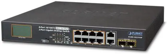 Main image of PLANET Technology - FGSD-1022VHP - 8-Port 10/100TX 802.3at PoE + 2-Port Gigabit TP/SFP combo Desktop Switch with LCD PoE