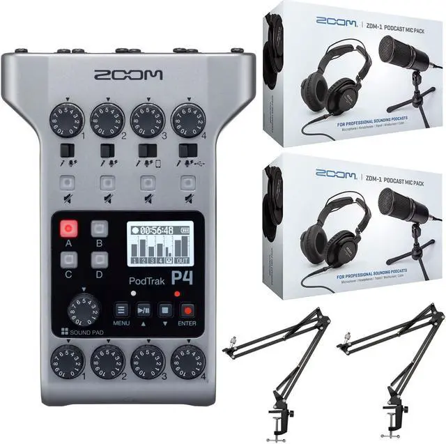 Main image of Zoom PodTrak P4 Recorder with Podcast Microphone Pack Accessory Bundle
