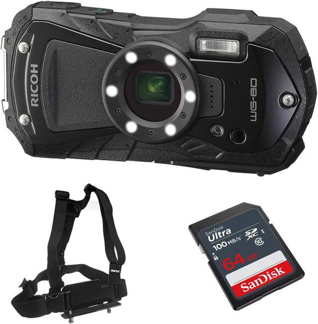 Ricoh WG-80 Digital Camera (Black) with SanDisk 64 GB SD and Chest