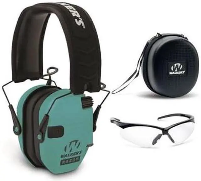 Main image of Walker's Razor Slim Electronic Shooting Earmuffs (Teal) with Case and Glasses