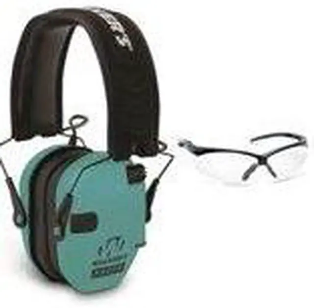 Alt view image 2 of 7 - Walker's Razor Slim Electronic Shooting Range Earmuffs (Teal) and Glasses Kit