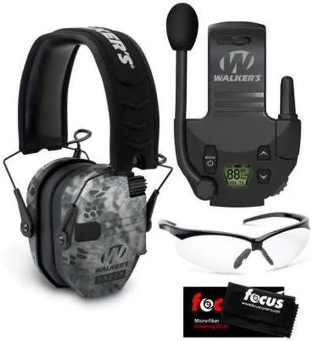 Main image of Walkers Razor Digital Ear Muffs (Raid Kryptek) with Walkie-Talkie and Glasses