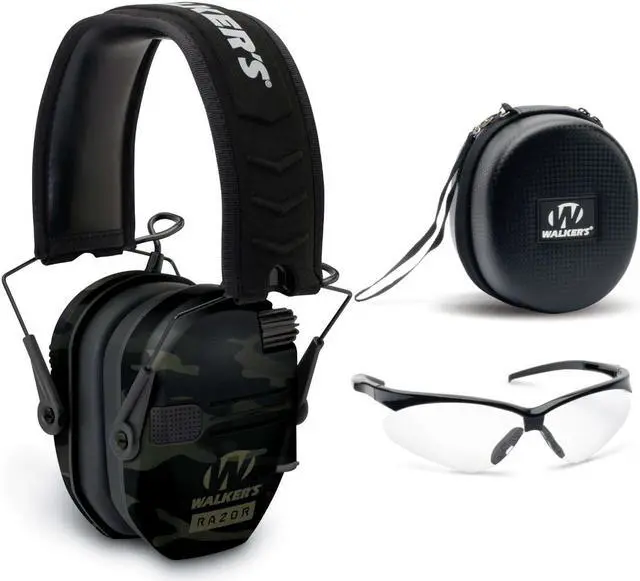 Main image of Walkers Razor Slim Electronic Muff (Gray Camo) with Case and Shooting Glasses