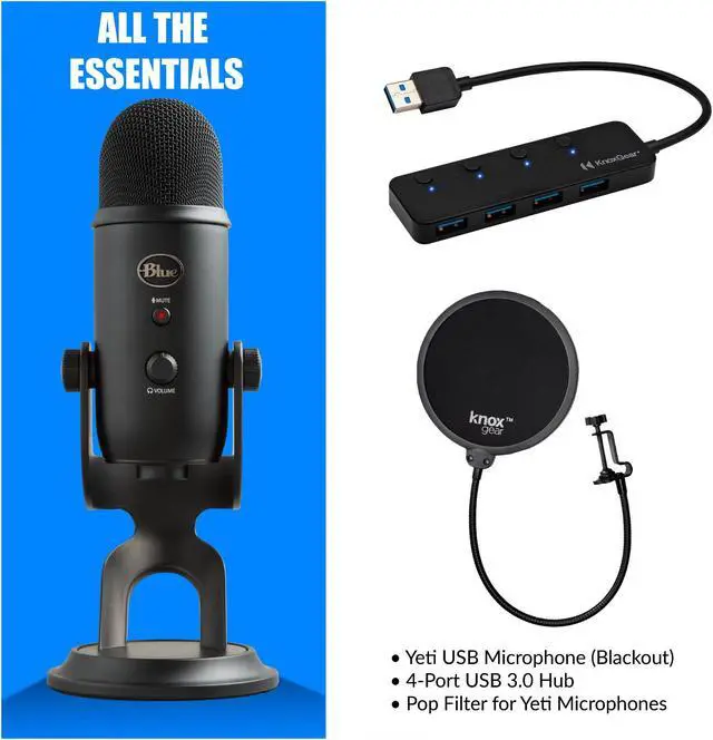 Alt view image 3 of 7 - Blue Yeti Microphone (Blackout) with Knox Gear Pop Filter and 3.0 4 Port USB Hub