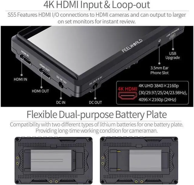 Alt view image 13 of 13 - FEELWORLD S55 V2 5.5 inch Camera DSLR Field Monitor Small Full HD 1920x1152 IPS LUT Video Peaking Focus Assist with 4K HDMI 8.4V DC Input Output Include Tilt Arm