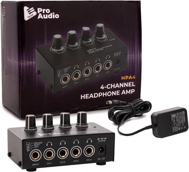 Main image of FocusProAudio Compact 4-Channel Stereo Headphone Amplifier with DC 12V Power Adapter