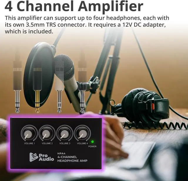 Alt view image 2 of 7 - FocusProAudio Compact 4-Channel Stereo Headphone Amplifier with DC 12V Power Adapter