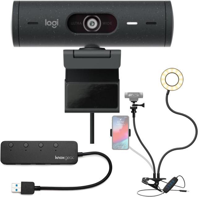 Logitech Brio 500 Webcam with Selfie Ring Light Stand and USB Hub (Graphite)