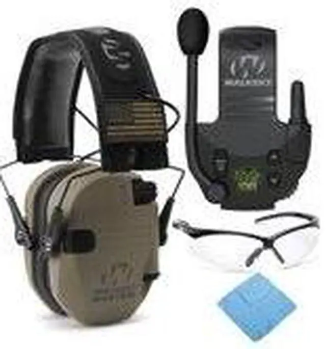 Alt view image 3 of 7 - Walkers Razor Slim Electronic Muff (FDE Patriot) with Walkie Talkie and Glasses