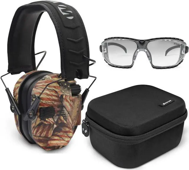 Main image of Walker's Razor Slim Electronic Shooting Muff (American Flag) with Glasses Bundle