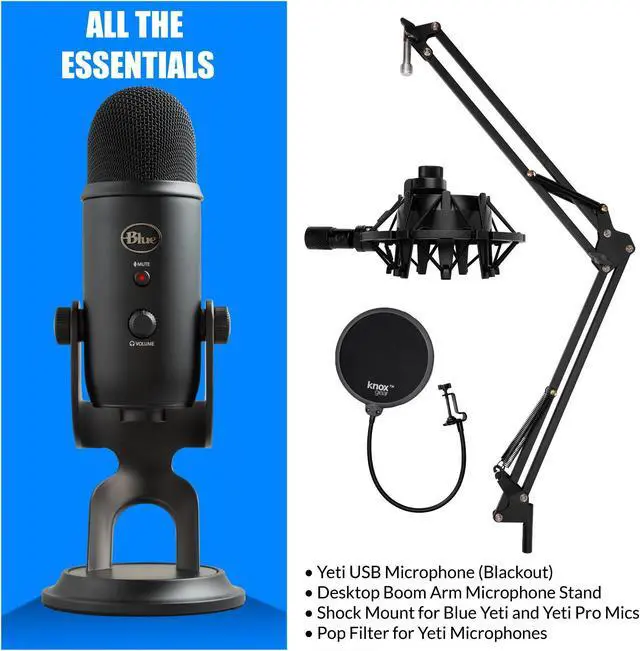 Alt view image 5 of 7 - Blue Yeti Microphone (Blackout) with Boom Arm Stand, Pop Filter and Shock Mount