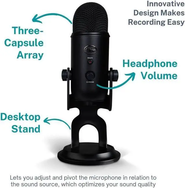 Alt view image 7 of 7 - Blue Yeti Microphone (Blackout) with Boom Arm Stand, Pop Filter and Shock Mount