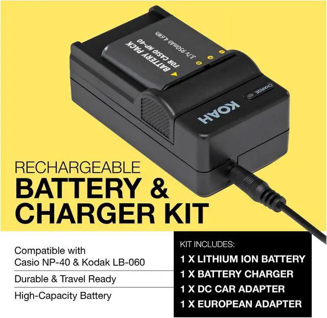 Alt view image 3 of 7 - Koah Rechargeable Battery and Charger Kit for Casio NP-40 and Kodak LB-060