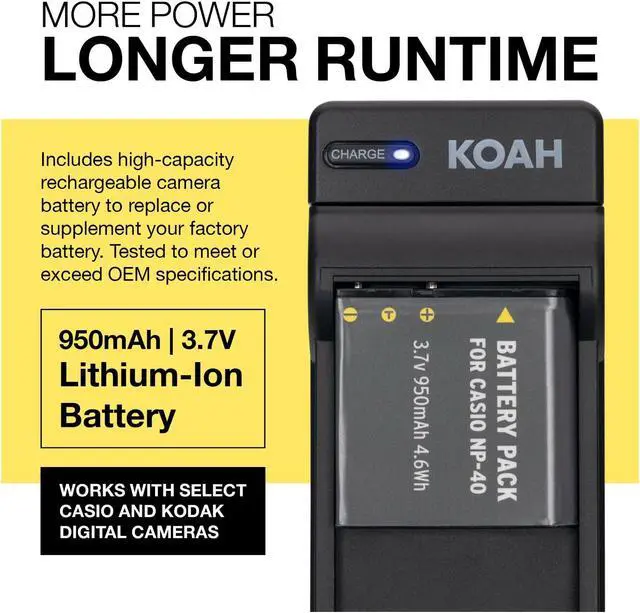 Alt view image 4 of 7 - Koah Rechargeable Battery and Charger Kit for Casio NP-40 and Kodak LB-060