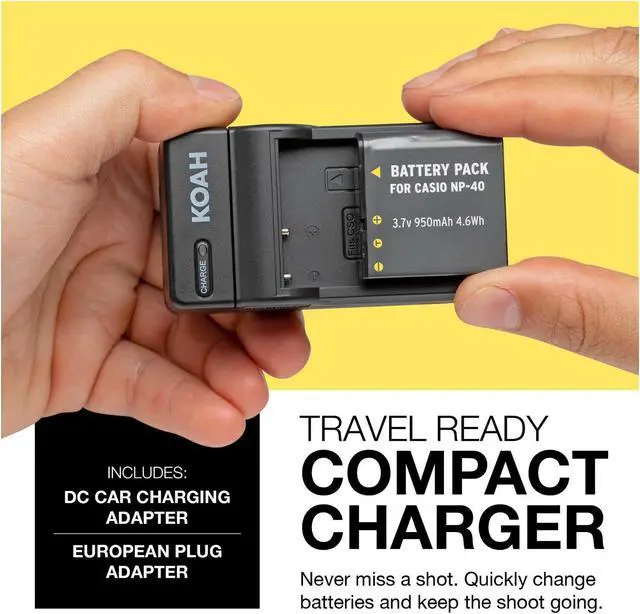 Alt view image 5 of 7 - Koah Rechargeable Battery and Charger Kit for Casio NP-40 and Kodak LB-060