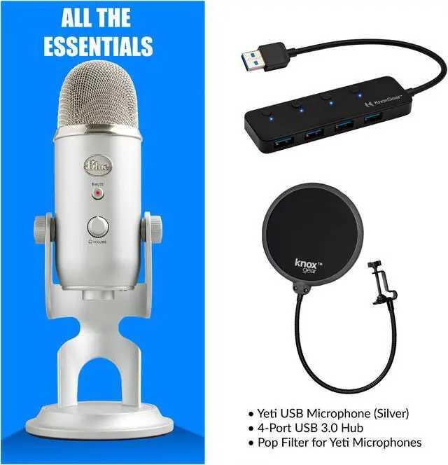 Alt view image 4 of 7 - Blue Microphone Yeti USB Mic (Silver) with Knox Gear Pop Filter and USB Hub