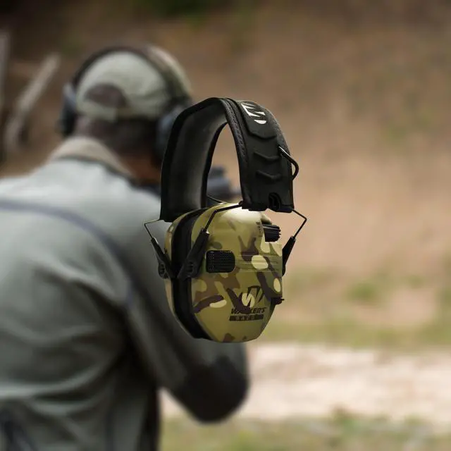 Alt view image 6 of 7 - Walker's Razor Slim Electronic Hearing Protection Muff (Camo Tan) with Safety Glasses Case Bundle