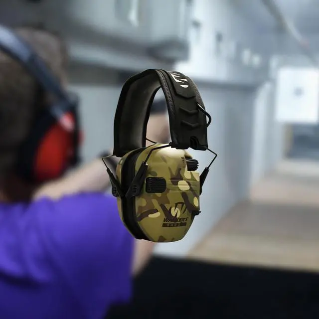 Alt view image 7 of 7 - Walker's Razor Slim Electronic Hearing Protection Muff (Camo Tan) with Safety Glasses Case Bundle