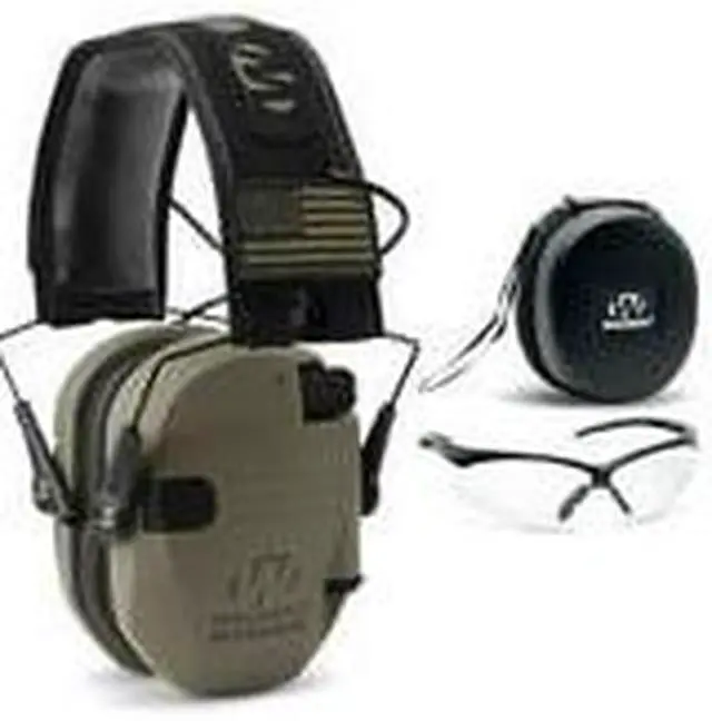 Alt view image 3 of 7 - Walkers Razor Slim Electronic Muff (FDE Patriot) with Case and Shooting Glasses