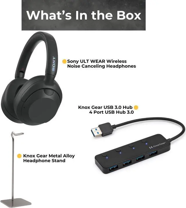Alt view image 5 of 7 - Sony WHULT900N/B ULT Noise Cancelling Headphones (Black) with Headphone Stand and 4-Port USB 3Hub bundle