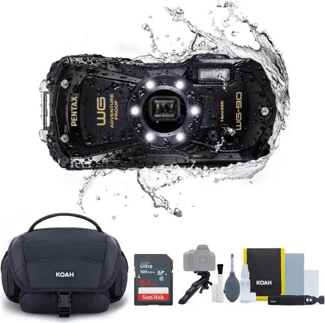 Main image of PENTAX WG-90 Compact Camera, Black w. Accessory Cleaning Kit Bag and SanDisk 64GB Ultra SDXC UHS-I Memory Card