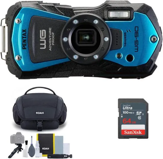 Main image of PENTAX WG-90 Compact Camera, Blue w. Accessory Cleaning Kit Bag and SanDisk 64GB Ultra SDXC UHS-I Memory Card