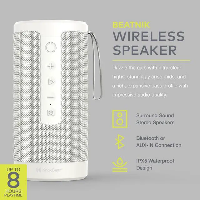 Alt view image 3 of 7 - Knox Gear Beatnik Portable Bluetooth Speaker IPX5 Waterproof Speaker (White)
