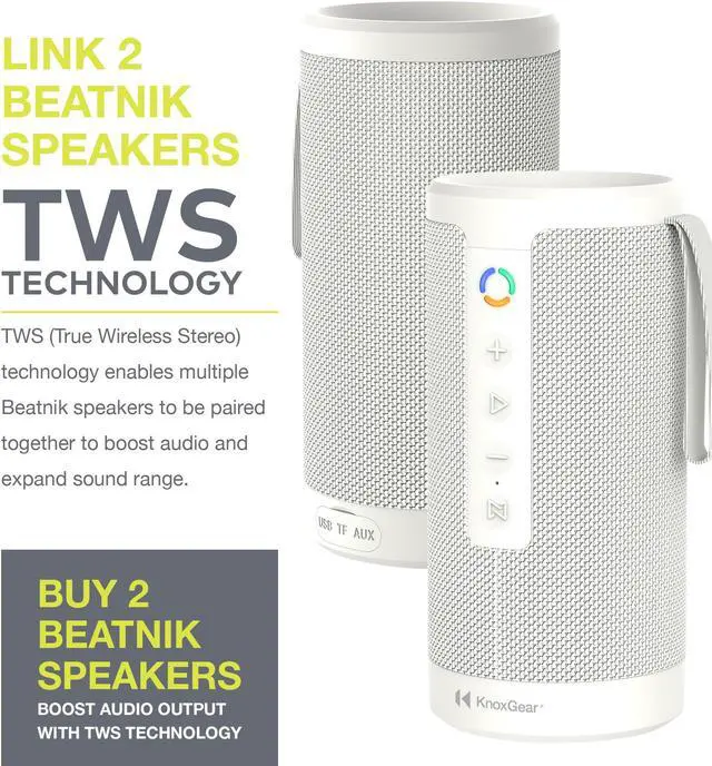 Alt view image 5 of 7 - Knox Gear Beatnik Portable Bluetooth Speaker IPX5 Waterproof Speaker (White)