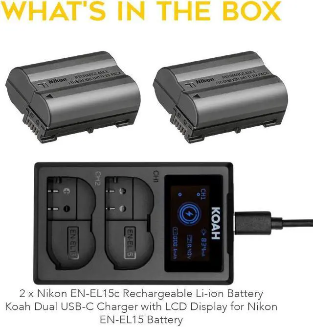 Alt view image 2 of 6 - Nikon EN-EL15c Rechargeable Li-ion Battery (2-pack) with Dual USB-C Charger with LCD Display bundle