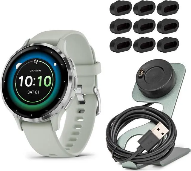 Main image of Garmin Venu 3S Smartwatch (Silver/Sage Gray) with Charging Stand and Port Plugs