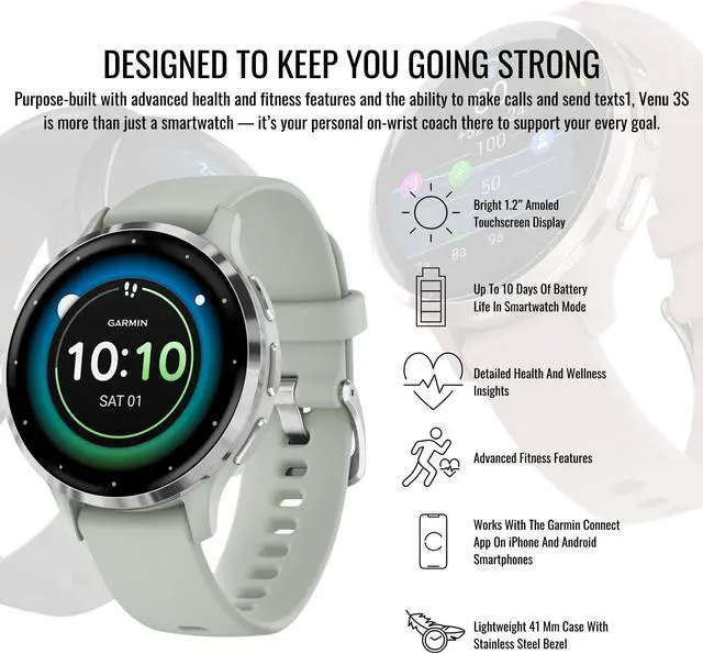 Alt view image 5 of 7 - Garmin Venu 3S Smartwatch (Silver/Sage Gray) with Charging Stand and Port Plugs