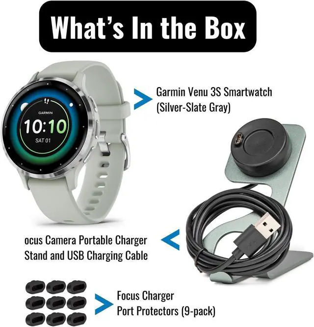 Alt view image 7 of 7 - Garmin Venu 3S Smartwatch (Silver/Sage Gray) with Charging Stand and Port Plugs