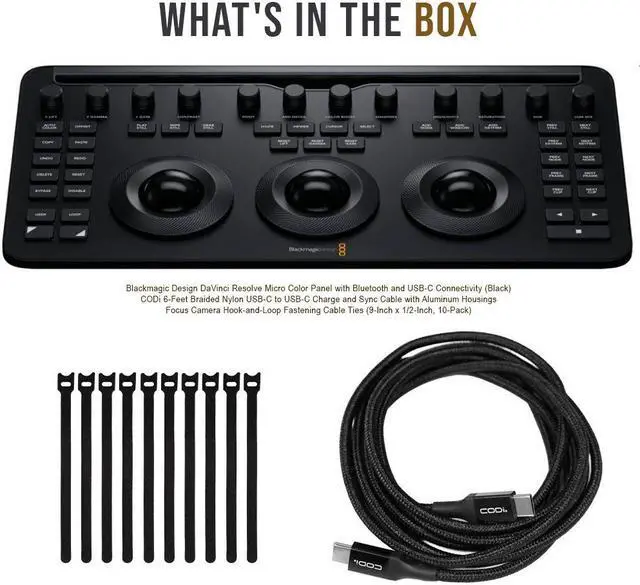 Alt view image 6 of 6 - Blackmagic Design DaVinci Resolve Micro Color Panel (EN) with 6' USB-C Cable and Cable Ties bundle