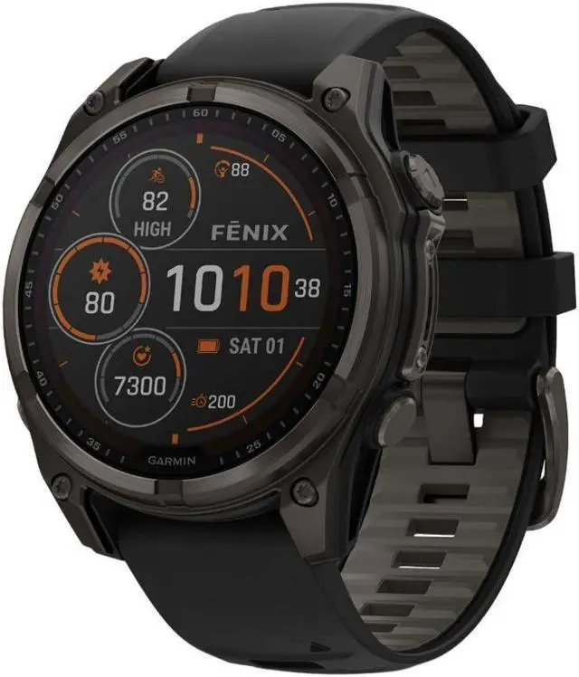 Alt view image 2 of 15 - Garmin fnix® 8 - 47 mm, Solar, AMOLED, Sapphire, Premium Multisport GPS Smartwatch, Long-Lasting Battery Life, Dive-Rated, Built-in LED Flashlight, Carbon Gray DLC Titanium with Pebble Gray Band