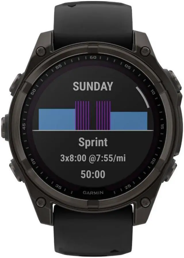 Alt view image 3 of 15 - Garmin fnix® 8 - 47 mm, Solar, AMOLED, Sapphire, Premium Multisport GPS Smartwatch, Long-Lasting Battery Life, Dive-Rated, Built-in LED Flashlight, Carbon Gray DLC Titanium with Pebble Gray Band