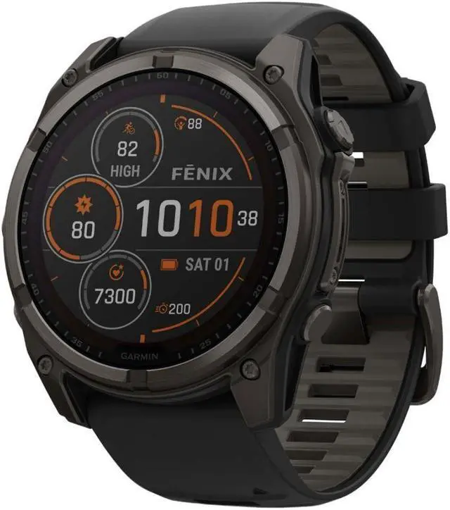 Alt view image 2 of 15 - Garmin fnix® 8 - 51 mm, Solar, AMOLED, Sapphire, Premium Multisport GPS Smartwatch, Long-Lasting Battery Life, Dive-Rated, Built-in LED Flashlight, Carbon Gray DLC Titanium with Pebble Gray Band