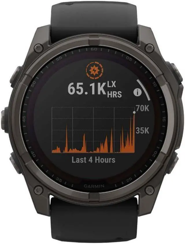 Alt view image 4 of 15 - Garmin fnix® 8 - 51 mm, Solar, AMOLED, Sapphire, Premium Multisport GPS Smartwatch, Long-Lasting Battery Life, Dive-Rated, Built-in LED Flashlight, Carbon Gray DLC Titanium with Pebble Gray Band